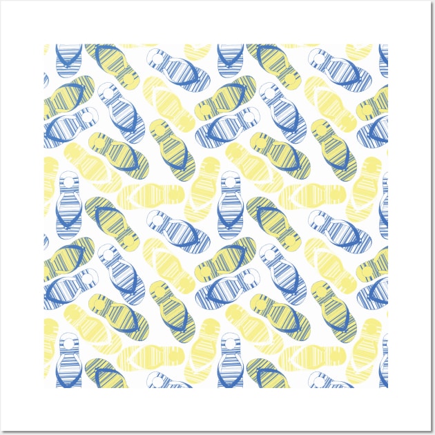 Flip flops yellow and blue on a white background. Distressed look. Smaller scale. Wall Art by Sandra Hutter Designs